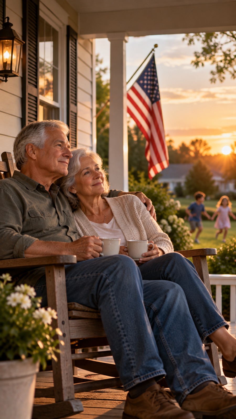 Senior couple relaxing on a porch at sunset