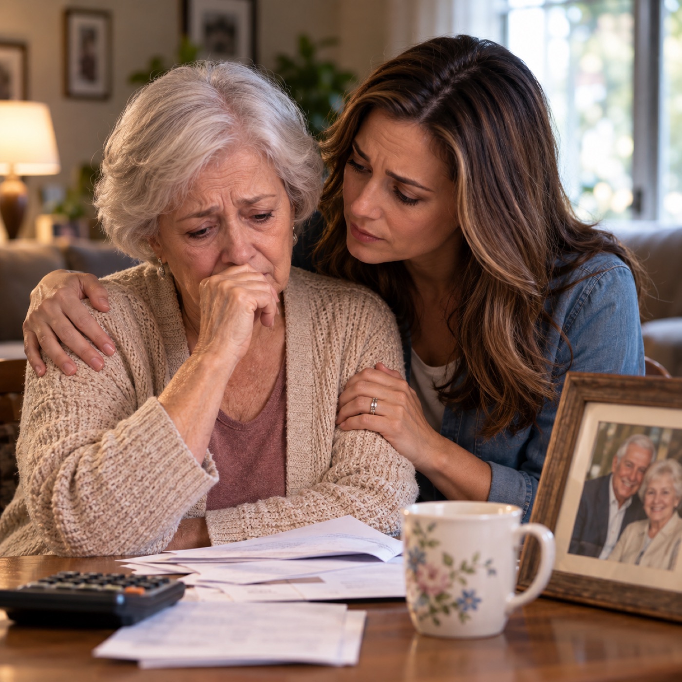 Senior woman reviewing paperwork with a family member